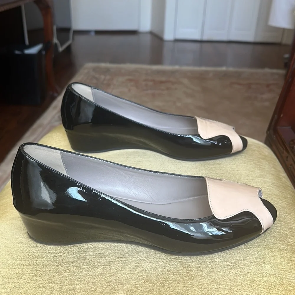 Aquatalia Black Patent Leather Wedge Peep Toe Shoes size 10 NWOB